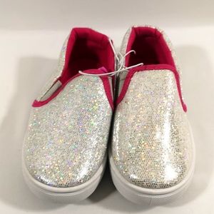 Girl's Slip-on Shoe, White and Silver Glitter with Pink. Rubber Soles, Size 10